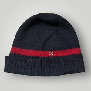 Gucci Wool Beanie Hat Navy Blue Red Stripe GG Logo